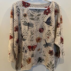 Boho Embroidered Look Crochet Sweater 4XL Butterfly Dragonfly Ladybug Cream